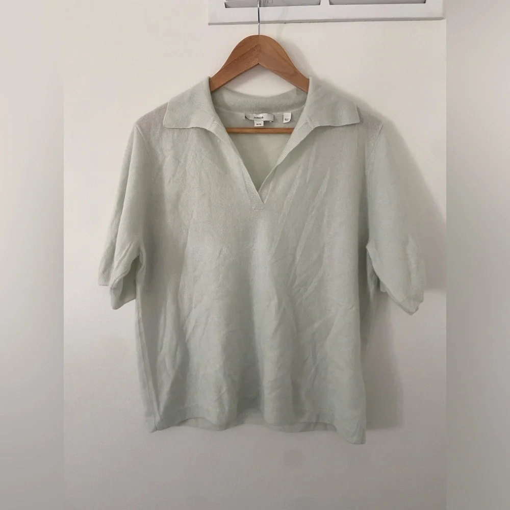 Vince Womens Cashmere-Silk Short-Sleeve Polo Sweater Size XL light Green
